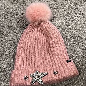 VICTORIA'S SECRET Pink Rhinestone Star Bling, Faux Fur Pom-Pom Beanie